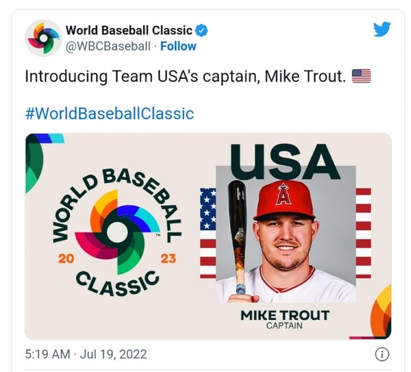 마이크 트라웃, 2023 WBC 미국 대표팀 주장 낙점