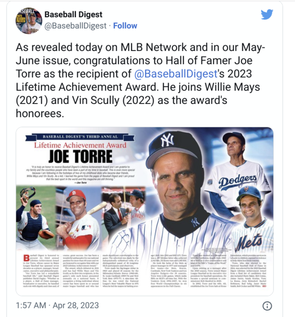 Joe Torre wins Baseball Digest lifetime achievement award